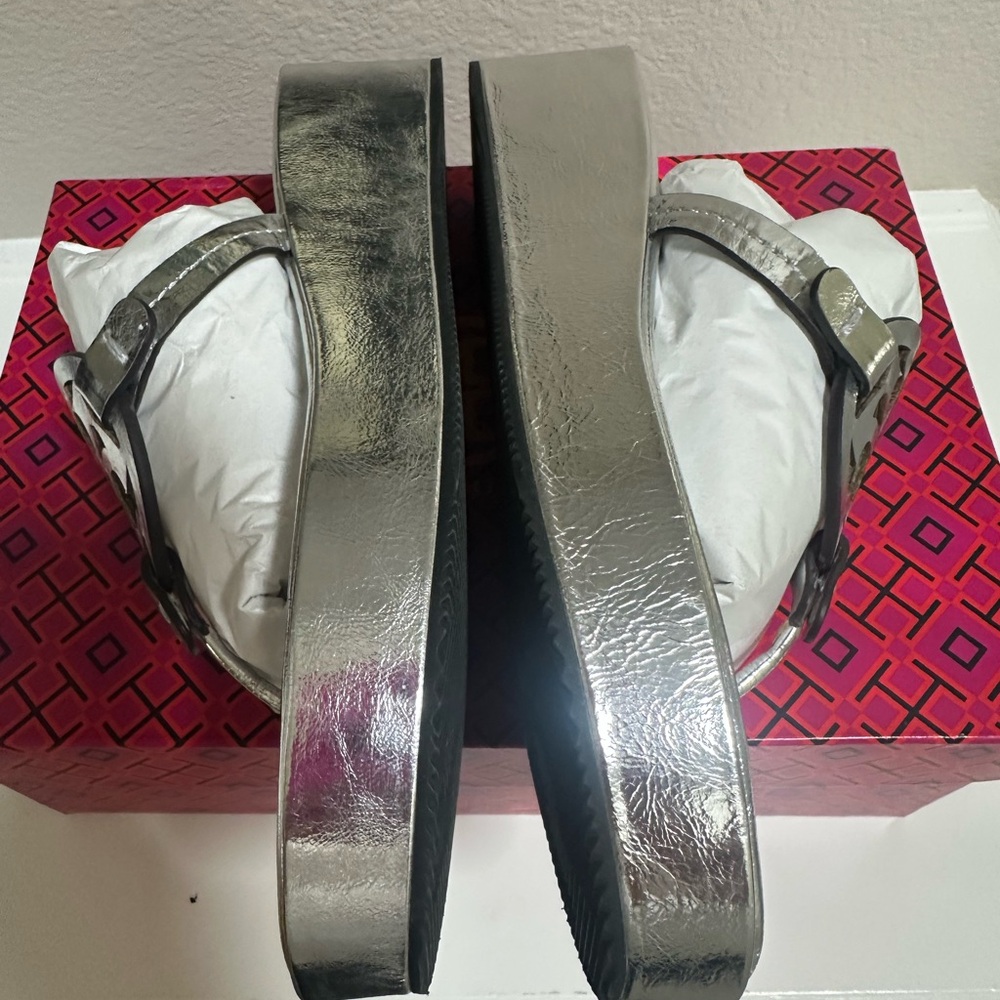 Wore 2hours! Like New/In box! Tory Burch metallic Silver Wedge sandals. - Picture 6 of 12